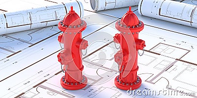 Fire hydrants red color on blueprints background. 3d illustration Cartoon Illustration