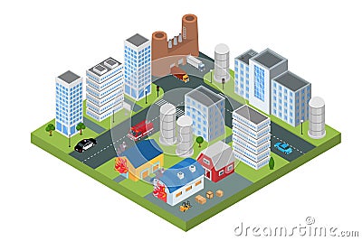 Fire in isometric town concept, vector illustration. House building in flame, flat firefighting emergency car go to Vector Illustration