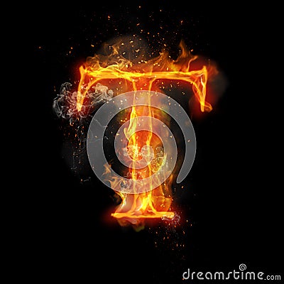 Fire letter T of burning flame light Stock Photo