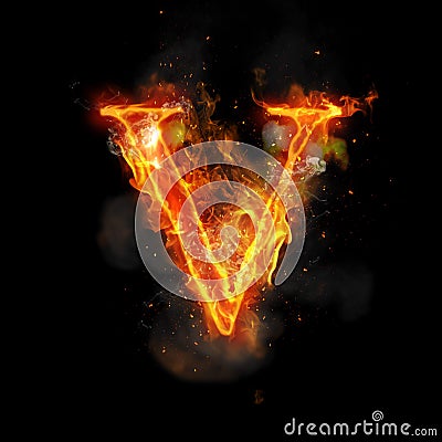Fire letter V of burning flame light Stock Photo