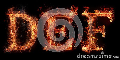 Fire letters DEF font alphabet made of burning letters on black background Stock Photo