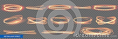 Fire light circles and ring trails, vector sparkling gold glitter glow flare effect. Abstract fire circles, sparkling magic swirls Vector Illustration