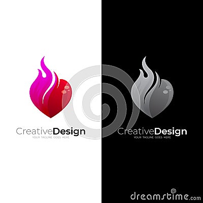 Fire logo and heart design combination, red icon template Vector Illustration