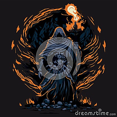 Fire mage vector illustration. Dark wizard. Fairytale sorcerer casting and firing a spell Vector Illustration