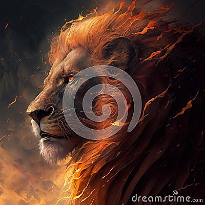 Fire-maned lion, fantasy animal, unusual creative magical magic illustration on black Cartoon Illustration