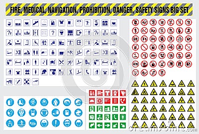 Fire medical navigation prohibition danger safety signs set Vector Illustration