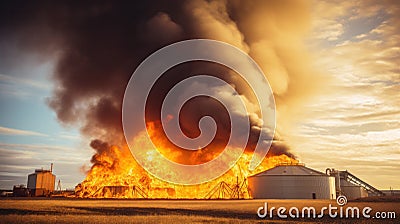 Fire at Modern Granary elevator. Silver silos on agro-processing and manufacturing plant for processing drying cleaning Stock Photo