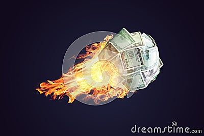 Fire money ball of dollar bills going up like a comet in space. Concept of the rapid development of financial profit Stock Photo