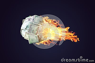 Fire money ball of dollar bills going up like a comet in space. Concept of the rapid development of financial profit Stock Photo