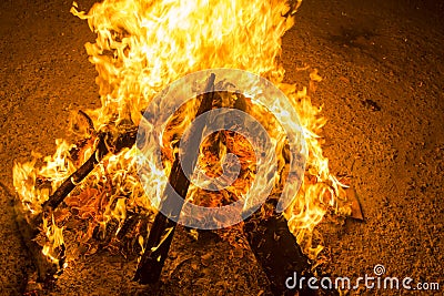 Outside fire in a camping base Stock Photo