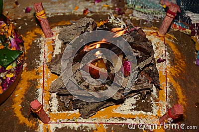 Fire pavilion installation by pandit in indian wedding Stock Photo