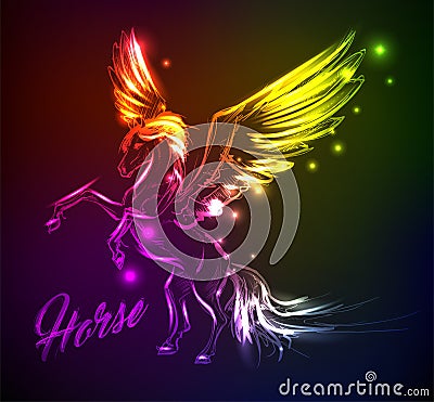 Fire Pegasus. Winged horse in neon light Vector Illustration