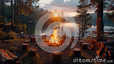 Fire Pit Amidst Lake Stock Photo