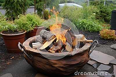 fire pit with a pot for cooking campfire meals Stock Photo