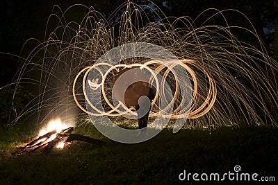 Fire Poi, Flaming Steel Wool Spinning Stock Photo