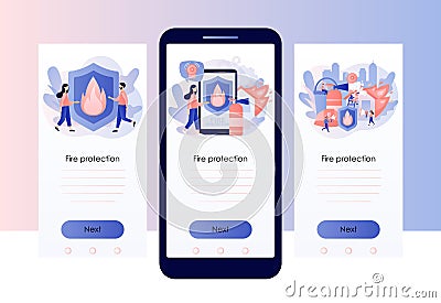 Fire protection concept. Fire prevention technologies. Tiny people firefighters extinguishing flame. Screen template for Vector Illustration