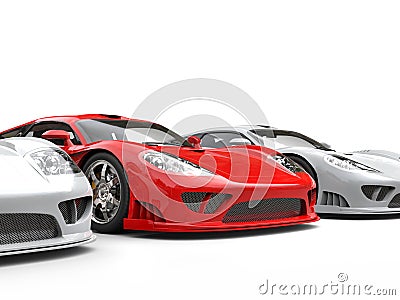 Fire red modern super race car stands out among white cars Stock Photo