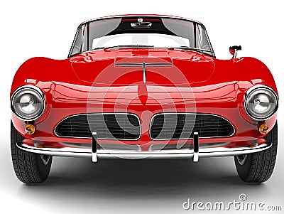 Fire red vintage sports car - front view extreme closeup shot Stock Photo