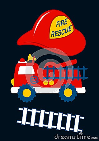 Fire Rescue with red helmet and truck Vector Illustration