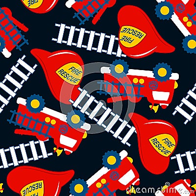 Fire Rescue with red helmet and truck seamless pattern Vector Illustration