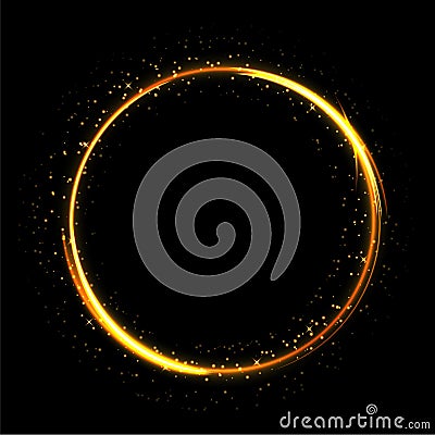 Light sparkling circle on black background. Fire ring glowing trace. Vector fire gold circle. Vector Illustration