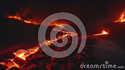 fire in the rocks A dark and dangerous path to the underworld, with lava and fire everywhere Stock Photo