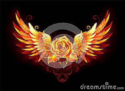 Fire rose with wings on black background Vector Illustration