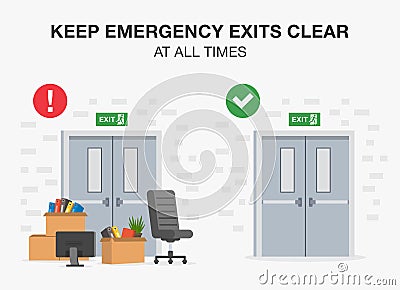 Do not block or obstruct emergency exits. Correct and wrong situation. Blocked and clear fire exit doors view. Vector Illustration