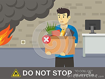 Fire safety activity. Scared young man is collecting office belongings. Vector Illustration