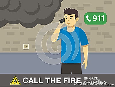 Fire safety activity. Young man calling the fire brigade. Vector Illustration