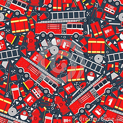 Fire safety attributes, bright pattern vector illustration. Fire truck, hydrant, fire extinguishing equipment Vector Illustration