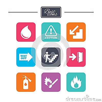 Fire safety, emergency icons. Extinguisher sign. Vector Illustration