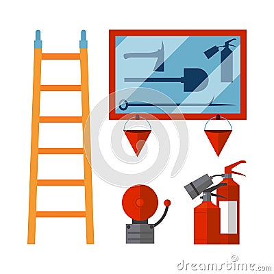 Fire safety equipment emergency tools firefighter safe danger accident flame protection vector illustration. Vector Illustration