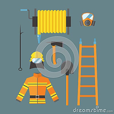 Fire safety equipment emergency tools firefighter safe danger accident flame protection vector illustration. Vector Illustration