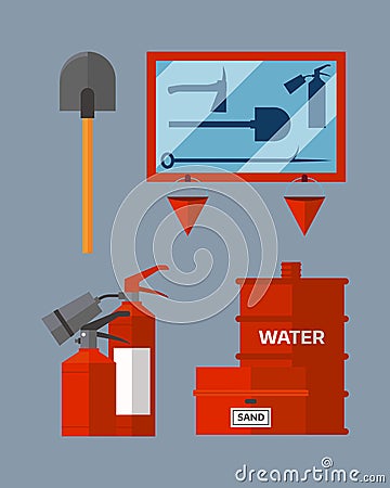 Fire safety equipment emergency tools firefighter safe danger accident flame protection vector illustration. Vector Illustration