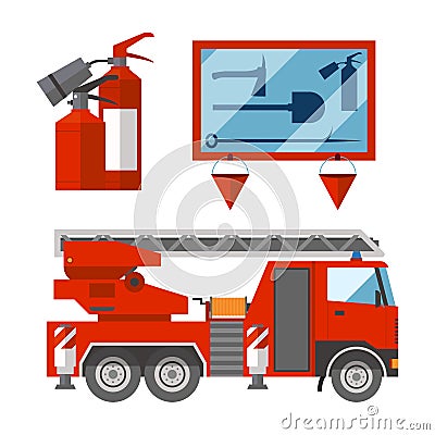 Fire safety equipment emergency tools firefighter safe danger accident flame protection vector illustration. Vector Illustration