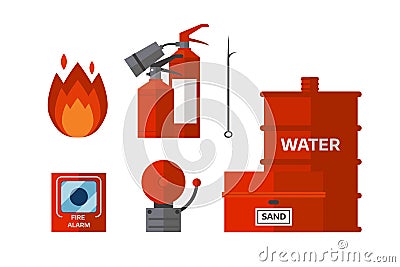 Fire safety equipment emergency tools firefighter safe danger accident flame protection vector illustration. Vector Illustration