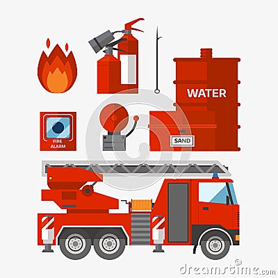 Fire safety equipment emergency tools firefighter safe danger accident flame protection vector illustration. Vector Illustration