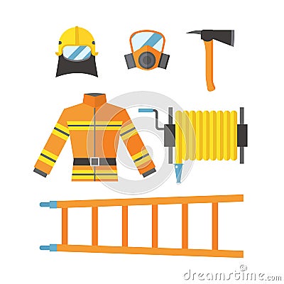 Fire safety equipment emergency tools firefighter safe danger accident flame protection vector illustration. Vector Illustration