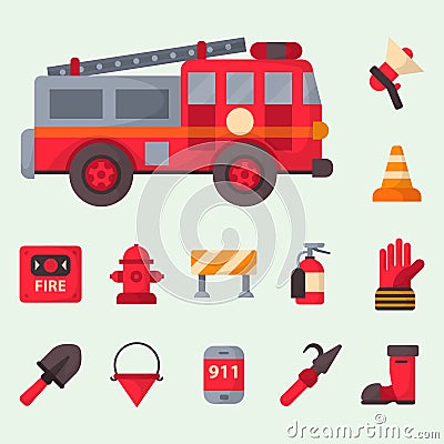 Fire safety equipment emergency tools firefighter safe danger accident protection vector illustration. Vector Illustration