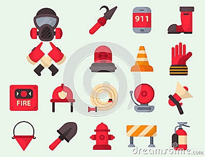 Fire safety equipment emergency tools firefighter safe danger accident protection vector illustration. Vector Illustration