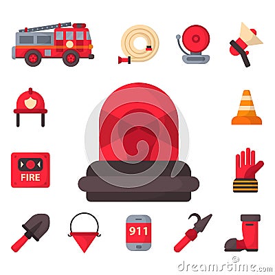 Fire safety equipment emergency tools firefighter safe danger accident protection vector illustration. Vector Illustration