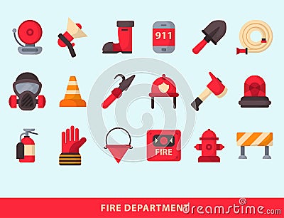 Fire safety equipment emergency tools firefighter safe danger accident protection vector illustration. Vector Illustration