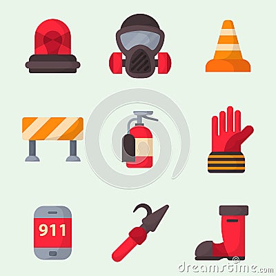 Fire safety equipment emergency tools firefighter safe danger accident protection vector illustration. Vector Illustration