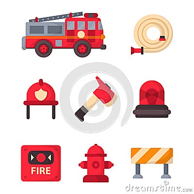 Fire safety equipment emergency tools firefighter safe danger accident protection vector illustration. Vector Illustration