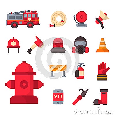 Fire safety equipment emergency tools firefighter safe danger accident protection vector illustration. Vector Illustration