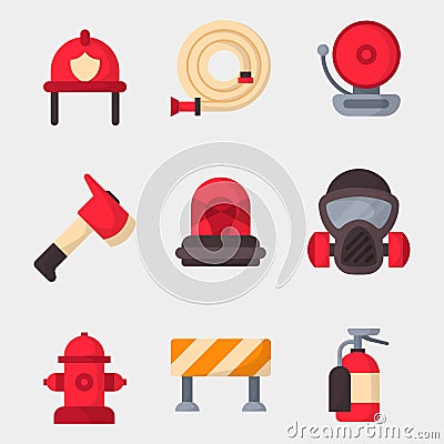 Fire safety equipment emergency tools firefighter safe danger accident protection vector illustration. Vector Illustration