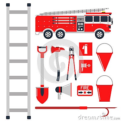 Fire safety equipment emergency tools firefighter safe danger accident protection vector illustration. Vector Illustration