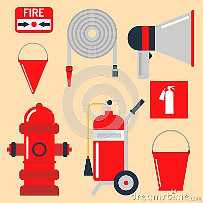 Fire safety equipment emergency tools firefighter safe danger accident protection vector illustration. Vector Illustration