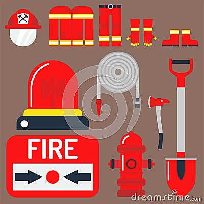 Fire safety equipment emergency tools firefighter safe danger accident protection vector illustration. Vector Illustration